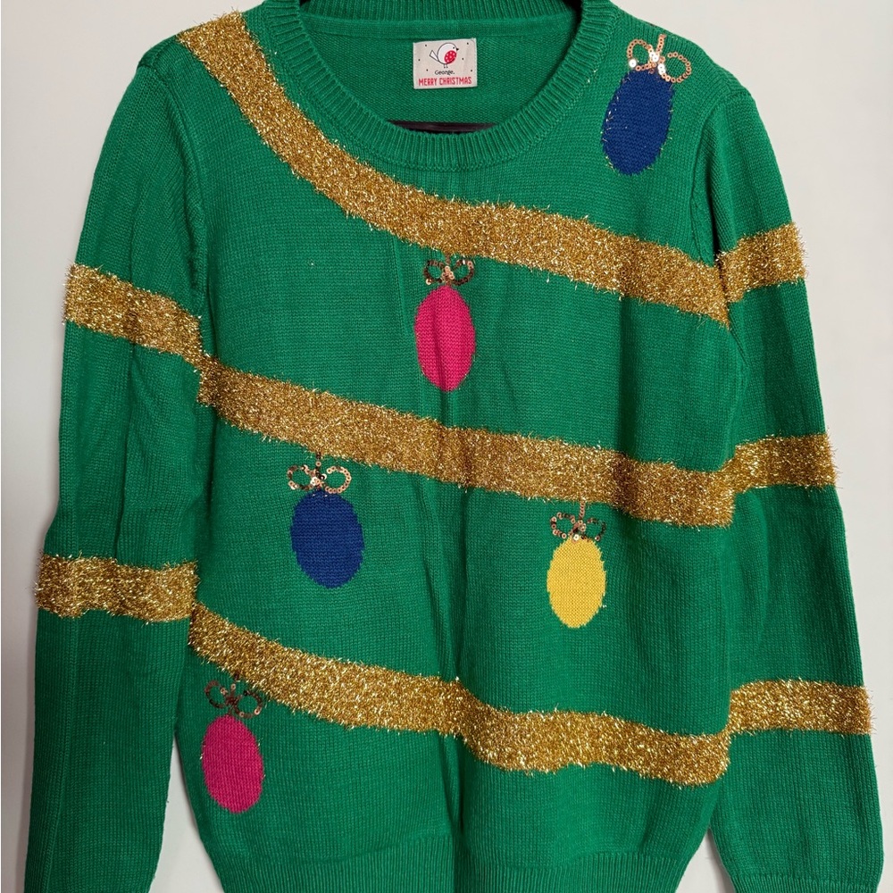 Ugly Christmas Sweater with Gold and Colorful Ornaments